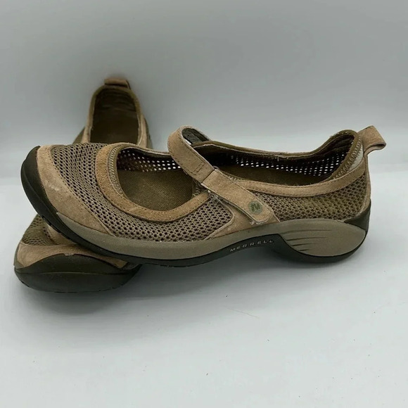 MERRELL "Encore Strap" Deep Tan Suede Mesh Mary Janes Air Cushion Size 8 - Picture 1 of 6
